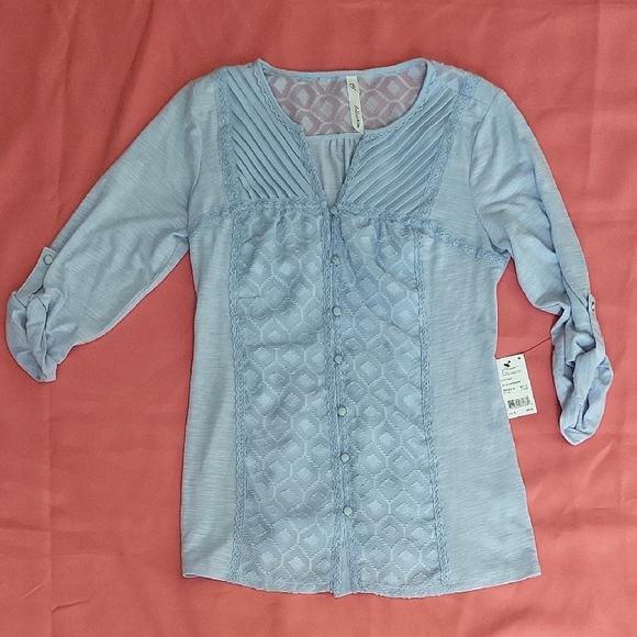 NY Collection Light Blue Blouse with Lace Detail - Picture 1 of 6